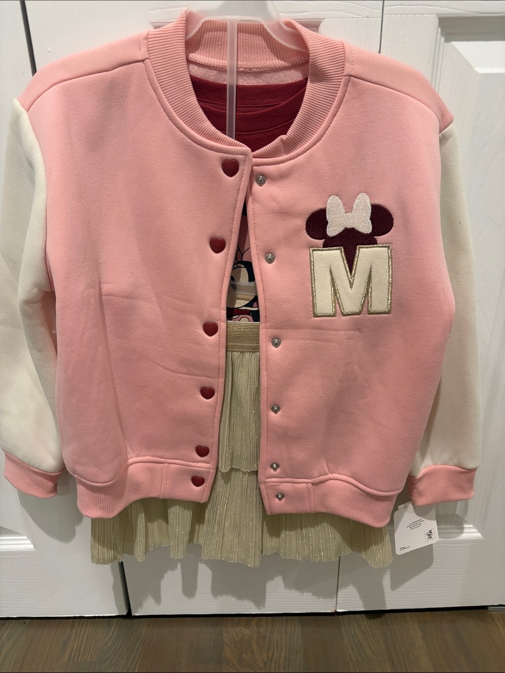 Girls Pink Varsity Jacket with Embroidered 'M', 3 piece set with skirt and Tee